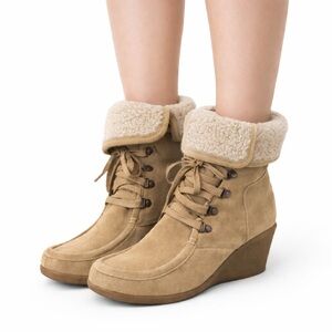 Size 7 Hush Puppies Women’s Tan Suede Sherpa Wedge Heel Booties Lace Up Ankle